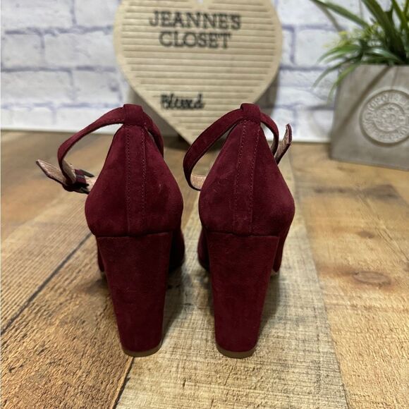 Madewell Sz 5 Cara Red Suede Block Heel Adjustable Stretch Buckle Ankle Strap - Picture 5 of 10